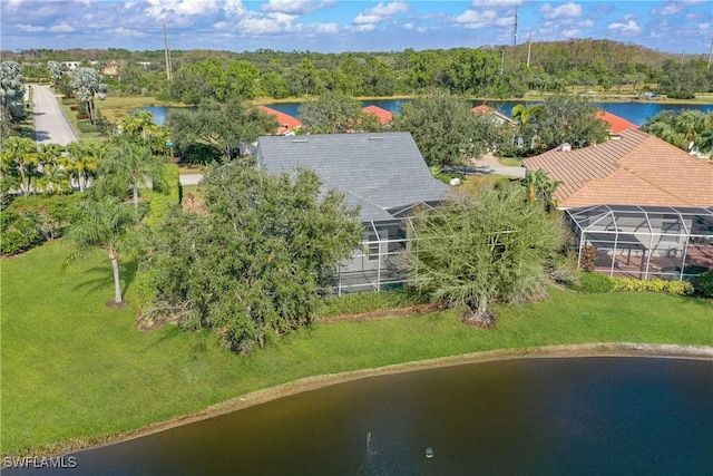 bird's eye view with a water view