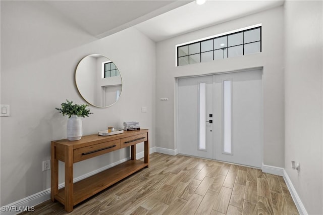 entrance foyer with a healthy amount of sunlight, a high ceiling, and light hardwood / wood-style flooring