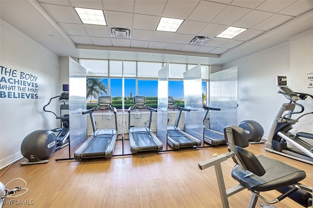 workout area featuring a drop ceiling and light wood-type flooring