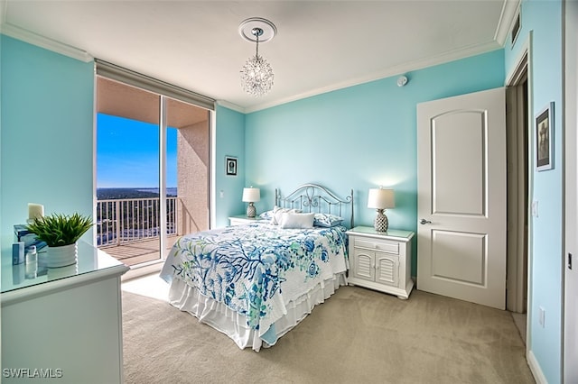 carpeted bedroom featuring access to outside, an inviting chandelier, floor to ceiling windows, and ornamental molding