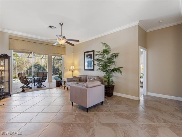 living room with ceiling fan, ornamental molding, and light tile patterned floors