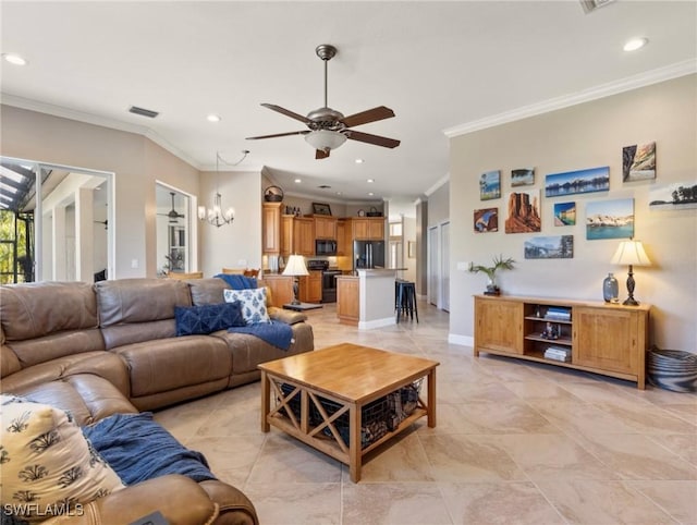 living room featuring ceiling fan with notable chandelier and ornamental molding