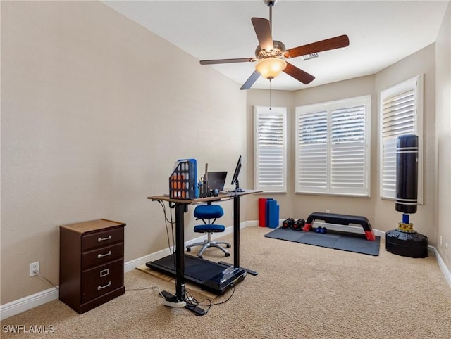 20838 Torre Del Lago St, Estero, FL 33928 - exercise room featuring carpet, ceiling fan, and baseboards