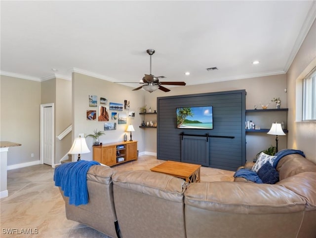 tiled living room featuring ceiling fan and crown molding