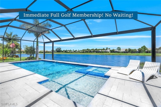 view of pool featuring a patio, a water view, and a lanai