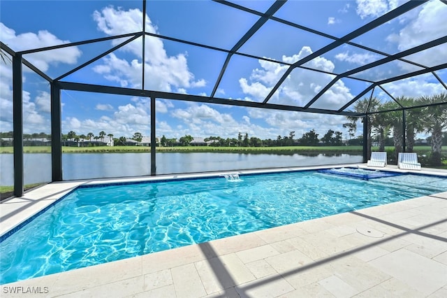 view of pool featuring a lanai, a patio, and a water view