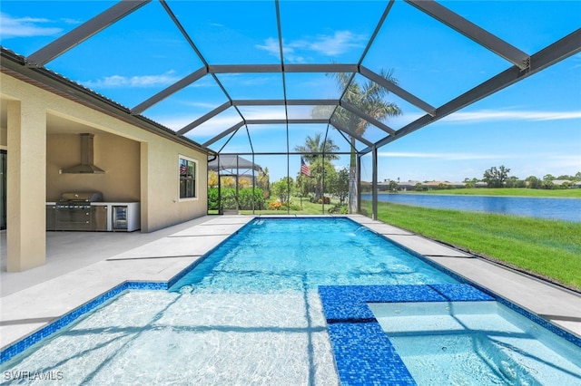 view of pool featuring grilling area, a water view, a lanai, area for grilling, and a patio