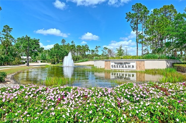 community / neighborhood sign with a water view