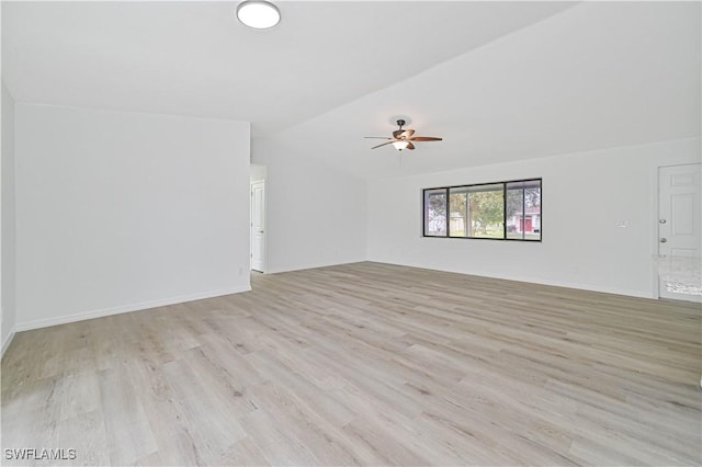 unfurnished living room with ceiling fan, light hardwood / wood-style flooring, and lofted ceiling