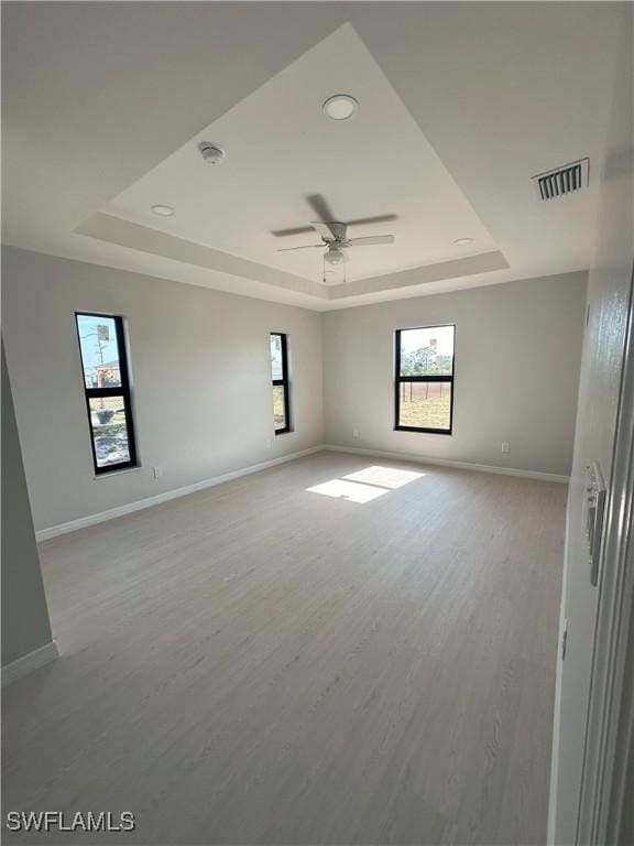 empty room featuring a healthy amount of sunlight, a raised ceiling, and light hardwood / wood-style flooring