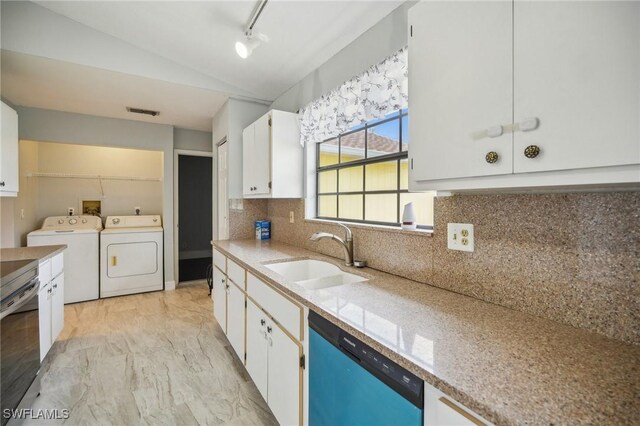 kitchen with dishwasher, white cabinetry, sink, and tasteful backsplash