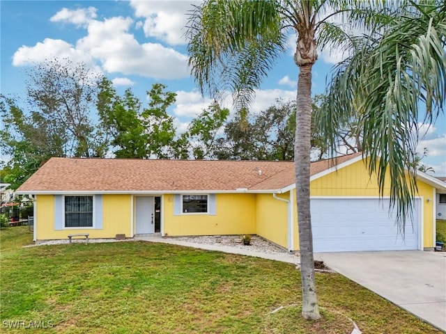 single story home with a front lawn and a garage