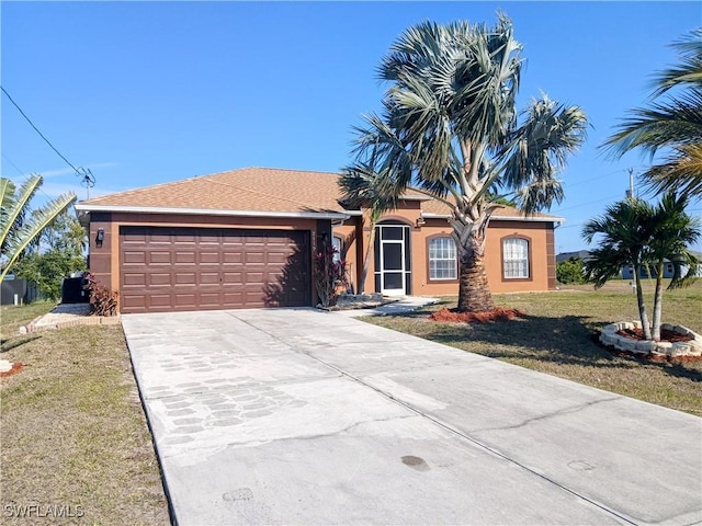 single story home featuring a front yard and a garage