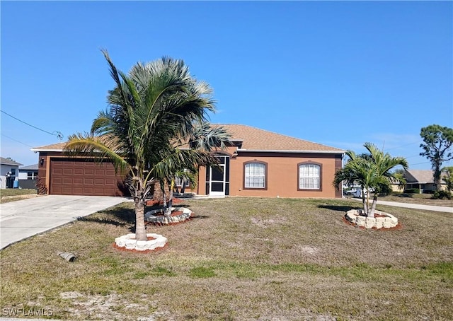 ranch-style house with a garage and a front lawn