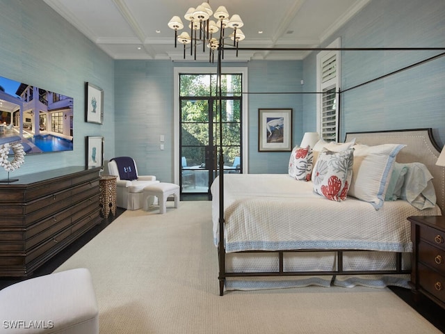 bedroom featuring access to exterior, coffered ceiling, beamed ceiling, a chandelier, and carpet