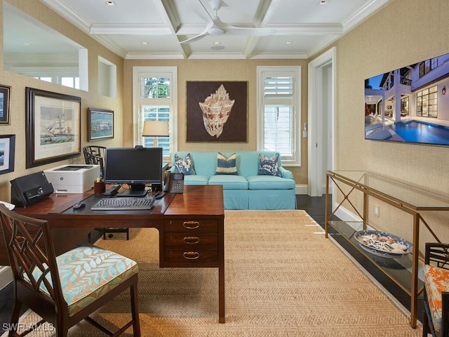 office area featuring beamed ceiling, ornamental molding, plenty of natural light, and coffered ceiling