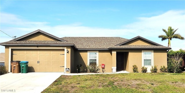 ranch-style home featuring a front yard and a garage