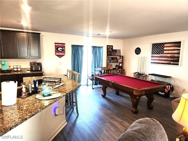 game room with dark wood-type flooring and billiards