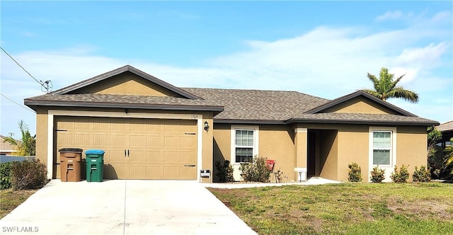 ranch-style house with a front lawn and a garage