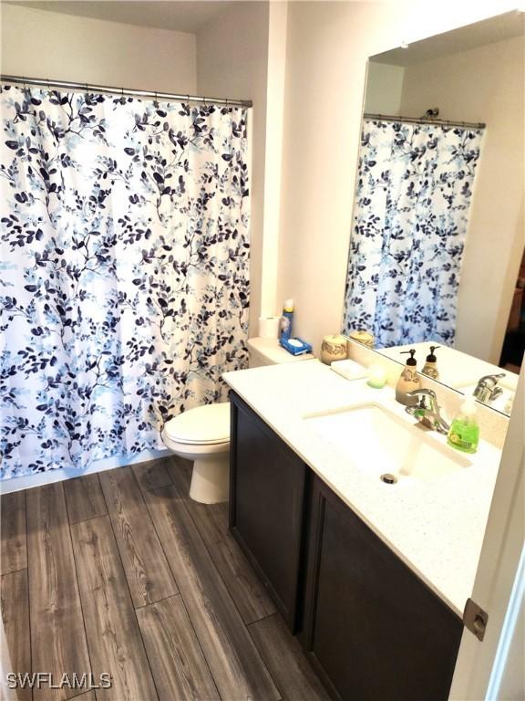 bathroom with vanity, wood-type flooring, and toilet