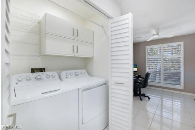 laundry room with washer and clothes dryer, ceiling fan, cabinets, and light tile patterned floors