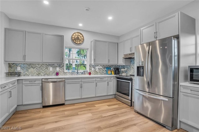 kitchen with gray cabinetry, sink, stainless steel appliances, light hardwood / wood-style floors, and decorative backsplash