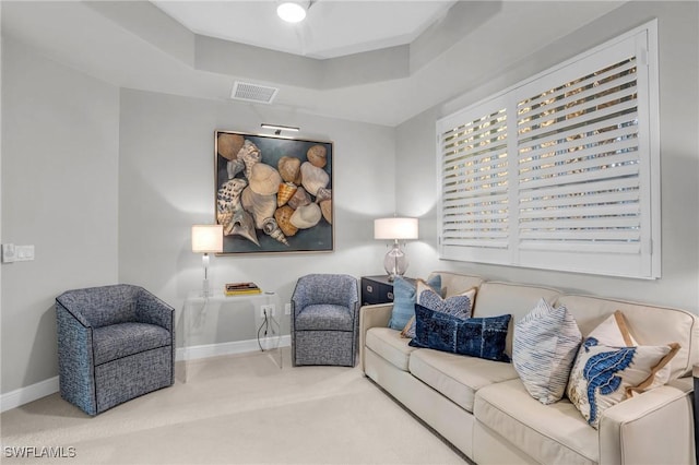 carpeted living room featuring a raised ceiling