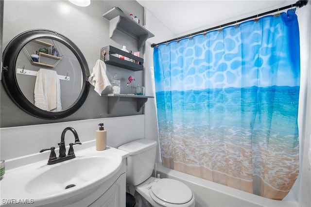 full bathroom featuring vanity, shower / bath combination with curtain, and toilet