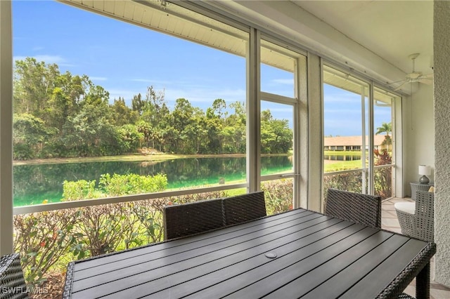 unfurnished sunroom with a water view