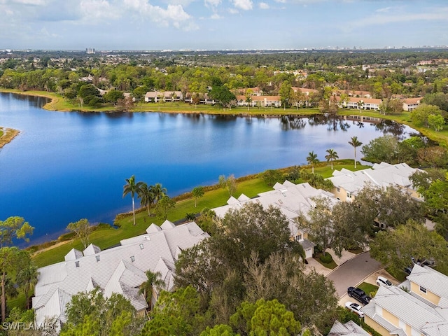 drone / aerial view featuring a water view