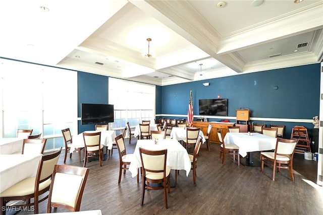 dining space featuring beamed ceiling, dark hardwood / wood-style floors, coffered ceiling, and ornamental molding