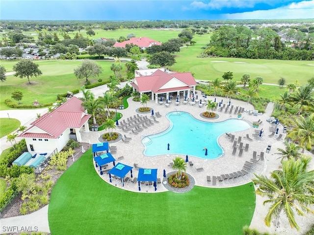 drone / aerial view with view of golf course