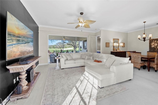 living room with light colored carpet, crown molding, and a notable chandelier