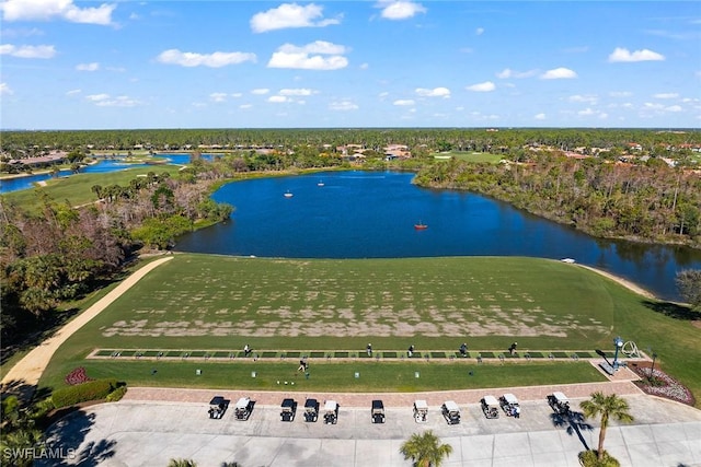 birds eye view of property featuring a water view