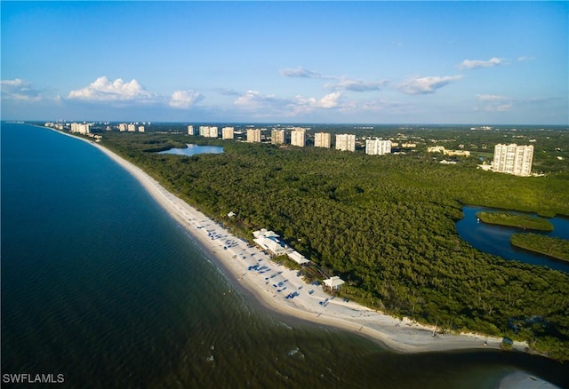 birds eye view of property featuring a beach view and a water view