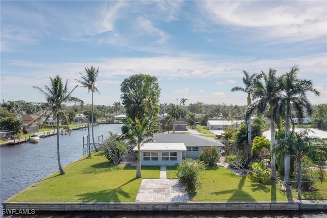 drone / aerial view with a water view