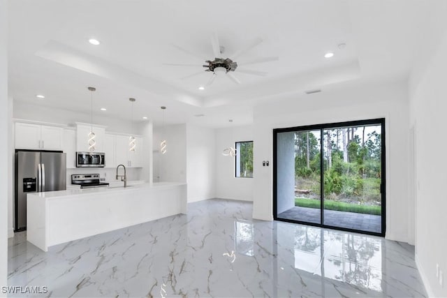 unfurnished living room featuring a raised ceiling, ceiling fan, and sink