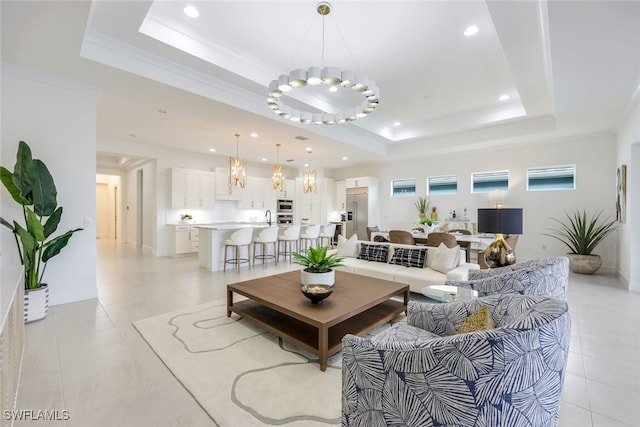 living area with ornamental molding, recessed lighting, a raised ceiling, and light tile patterned flooring