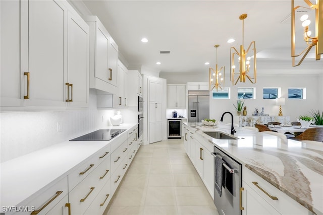 kitchen with light tile patterned floors, beverage cooler, stainless steel appliances, a sink, and visible vents