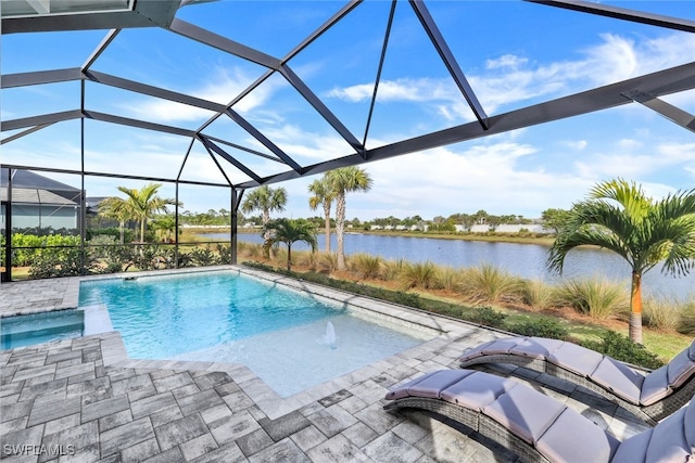 view of swimming pool featuring a patio area, a water view, and a lanai