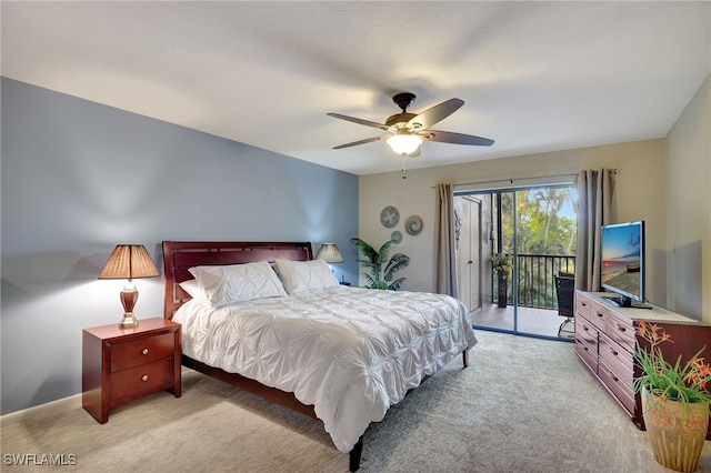 bedroom featuring access to outside, ceiling fan, and light carpet