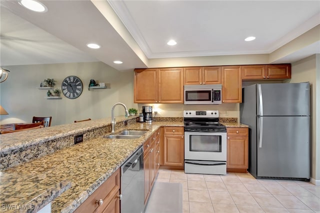 kitchen featuring crown molding, sink, light stone countertops, light tile patterned floors, and stainless steel appliances