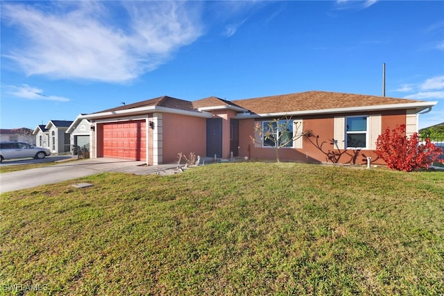 ranch-style home with a garage and a front yard