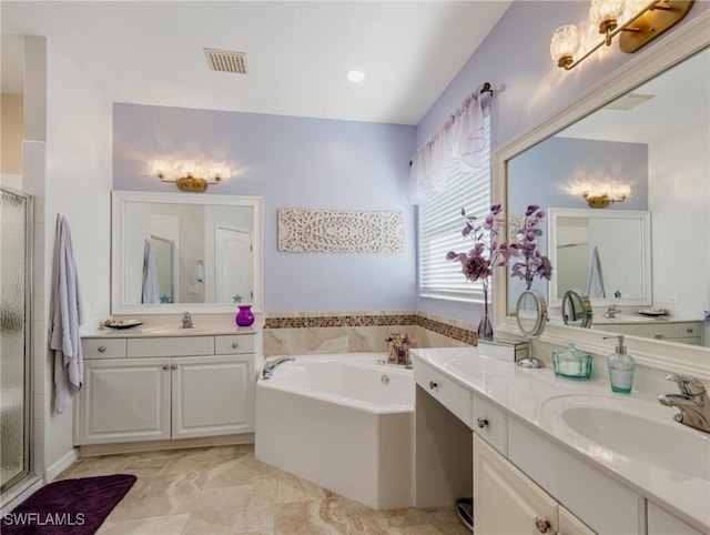 bathroom with plus walk in shower and vanity