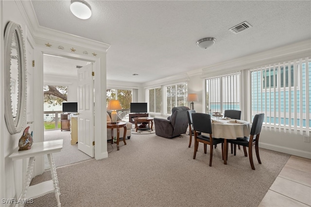 dining space with crown molding, a healthy amount of sunlight, and a textured ceiling