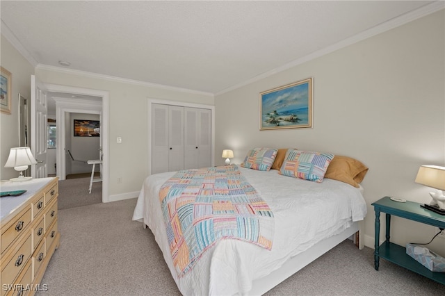 carpeted bedroom with crown molding and a closet