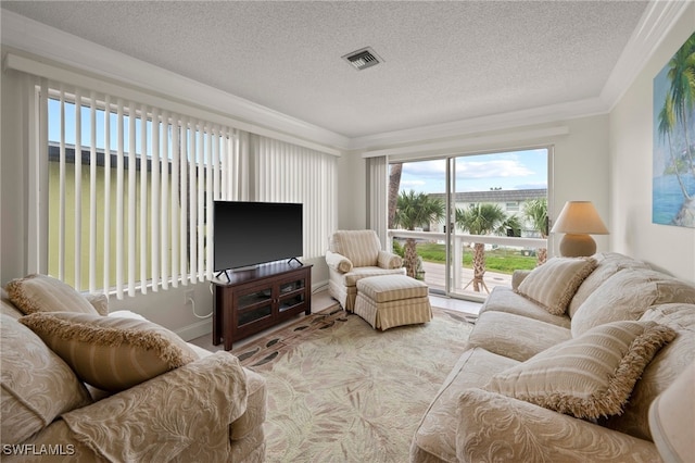 living room with a textured ceiling and ornamental molding