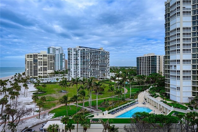 exterior space with a water view