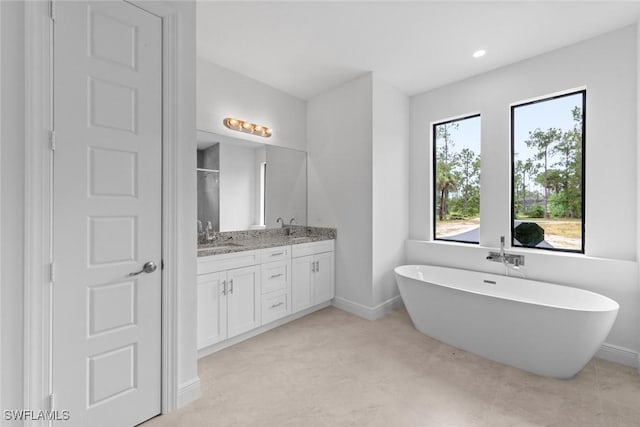 bathroom with separate shower and tub and vanity