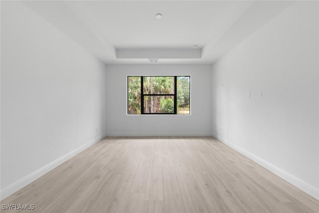 unfurnished room with light hardwood / wood-style floors and a raised ceiling